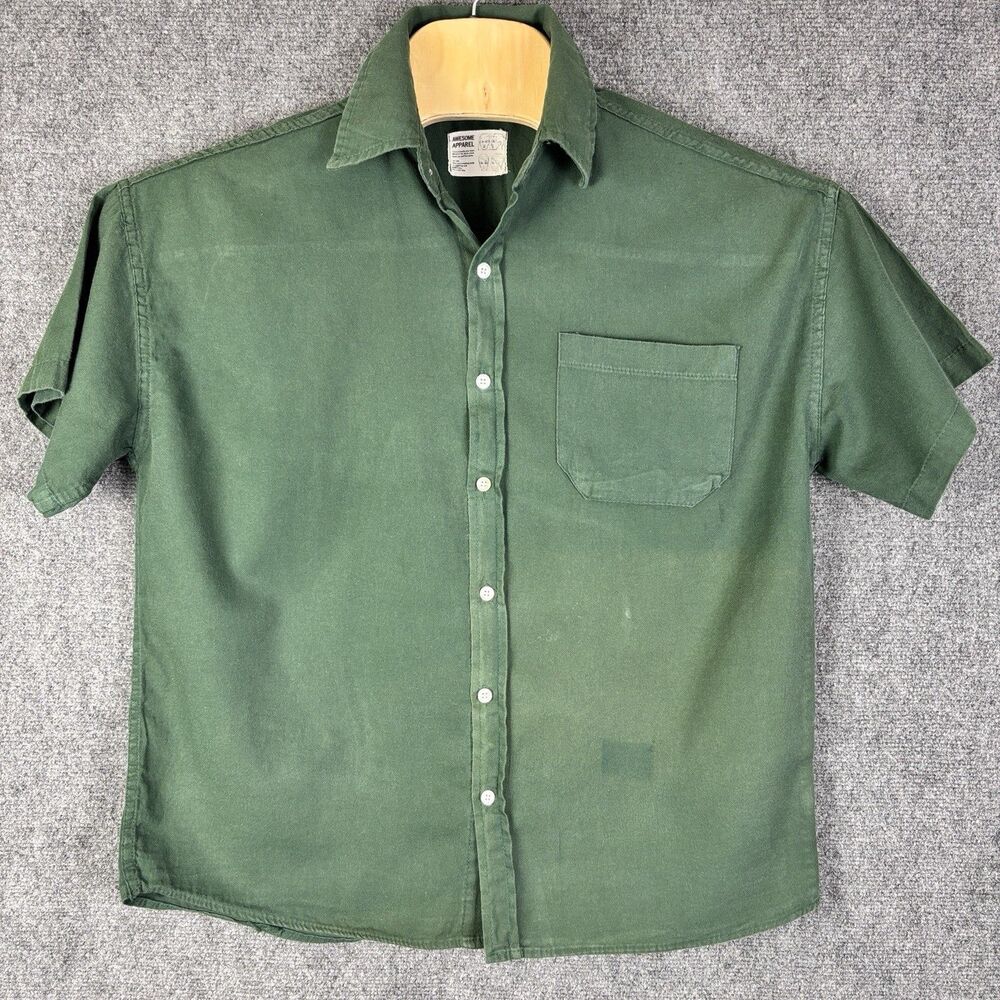 Awesome Apparel Mens L Green Cotton Button Up Shirt Short Sleeve Pocket